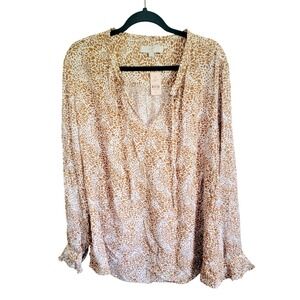 Ann Taylor Loft 20 V-Neck Long Sleeve Blouse Animal Print Giraffe Lt Brown‎ NWT